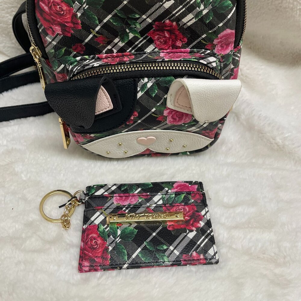 Betsy Johnson Blk/Wht Plaid w/Red Roses Dog Face Mini Backpack w/Card Case - Picture 11 of 13